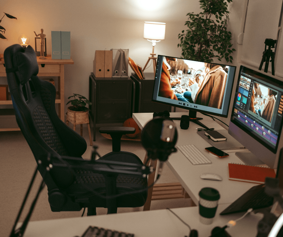 chair and monitors in a room