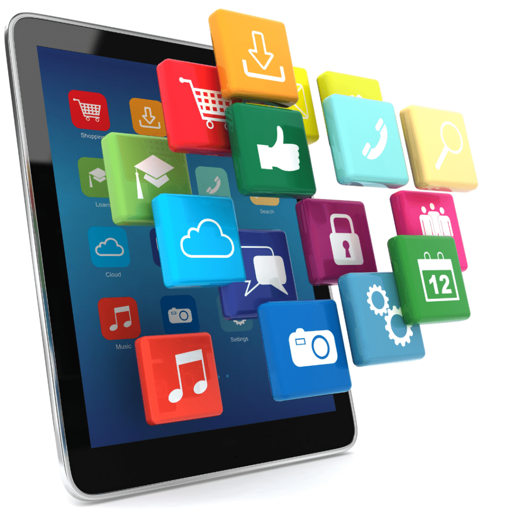 a tablet with colorful square icons flying out